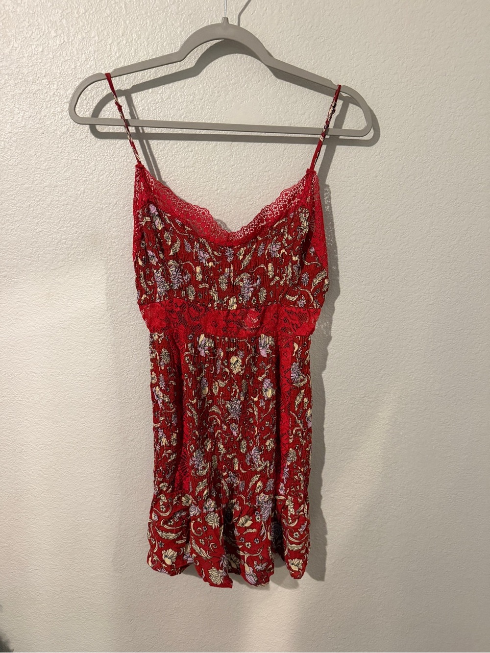 Free People Red Floral Lace-Trim Mini Slip Dress